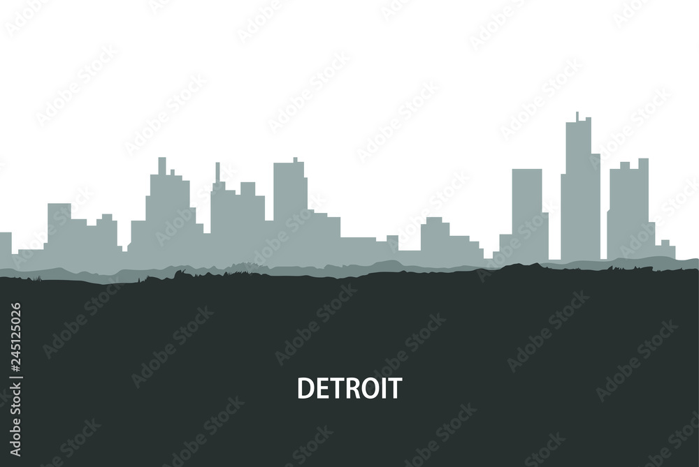 Detroit, USA skyline. City silhouette with skyscraper buildings, with famous American landmarks. Urban architectural landscape. - Vector 
