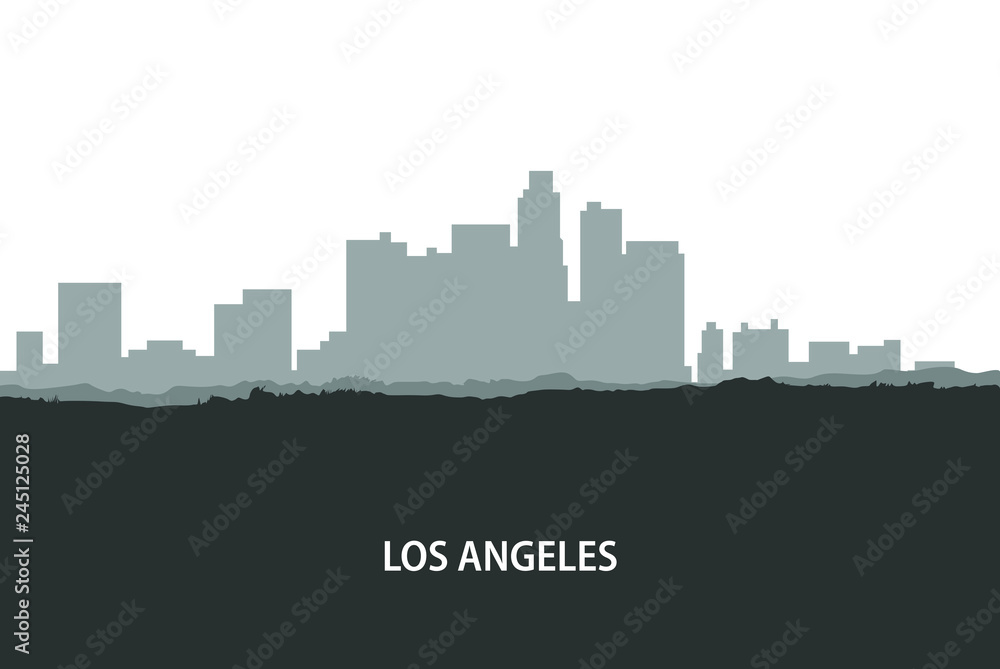 Los Angeles, USA skyline. City silhouette with skyscraper buildings, with famous American landmarks. Urban architectural landscape. - Vector 