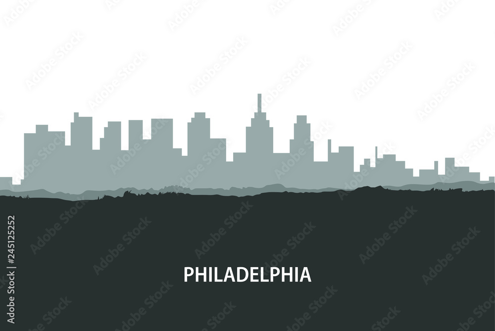 Philadelphia, USA skyline. City silhouette with skyscraper buildings, with famous American landmarks. Urban architectural landscape. - Vector 