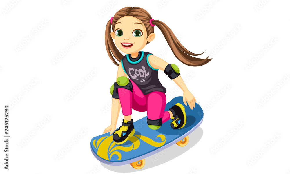 Fototapeta premium Cute little girl on a skateboard making cool tricks