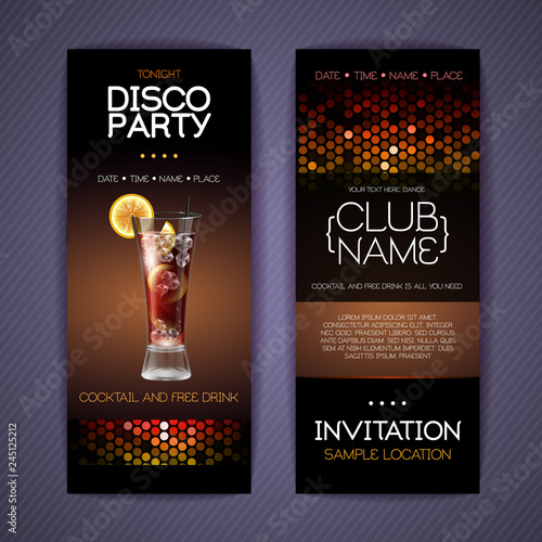 Disco invitation to cocktail party. Document template design