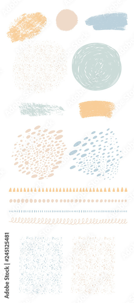 Color Vector set of grungy hand drawn textures. Lines, circles, crosses, smears, spirals, brush strokes, triangles. Hand drawn elements for your graphic design
