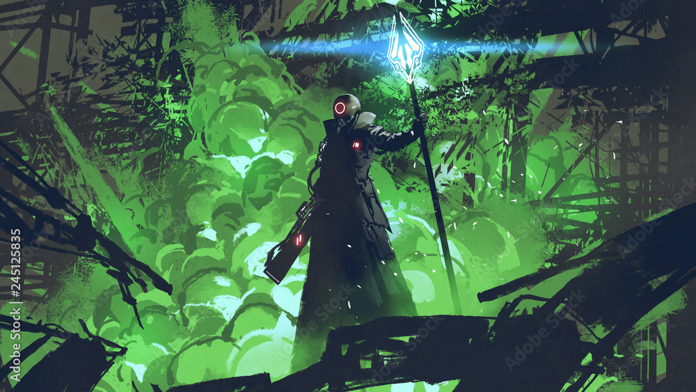 sci-fi character in black cloak with light spear standing against green  explosion, digital art style, illustration painting Stock Illustration |  Adobe Stock