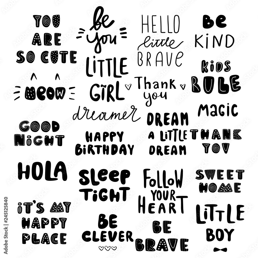 Cute kids phrases, for baby room, greeting card, print on the wall, pillow,  decoration kids interior, baby wear and t-shirts. Hand drawn. Black letters  on White background. vector de Stock | Adobe