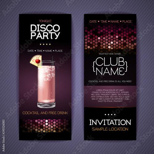 Disco invitation to cocktail party. Document template design