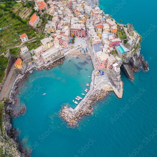 Aerial view of Vernazza, a wonderful village into the Cinque Terre natural park, La Spezia, Liguria, Italy