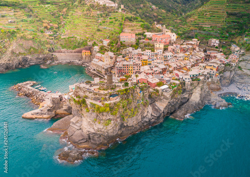 Aerial view of Vernazza, a wonderful village into the Cinque Terre natural park, La Spezia, Liguria, Italy