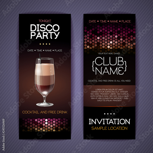 Disco invitation to cocktail party. Document template design