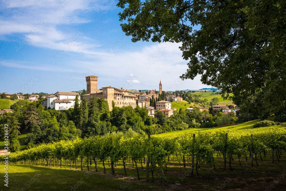 Levizzano Rangone with some wineyards on the foreground during springtiime. Castelvetro Rangone, Modena, Emilia Romagna, Italy