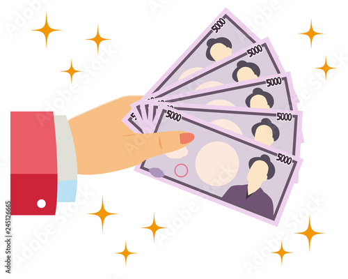 お金　お札　五千円　手　ボディーパーツ　女性