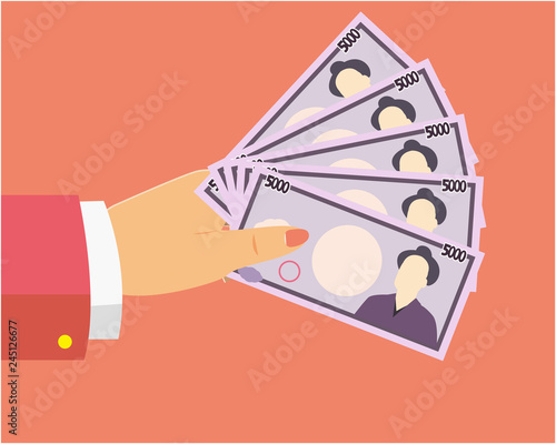 お金　お札　五千円　手　ボディーパーツ　女性