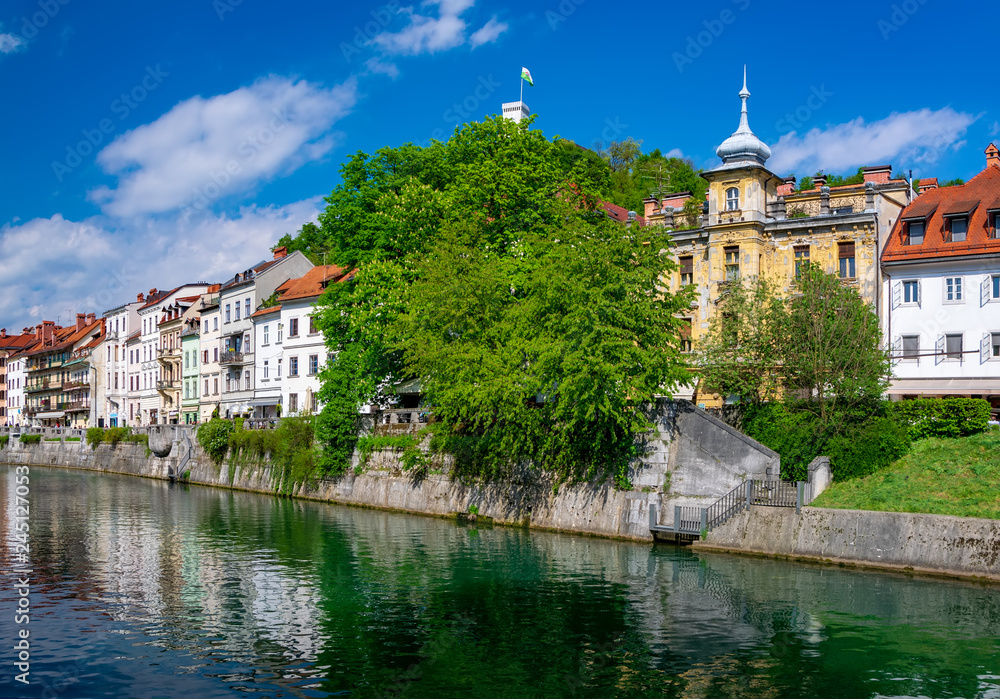 Scenic view of embankment of Ljubljanica river in Ljubljana, Slovenia