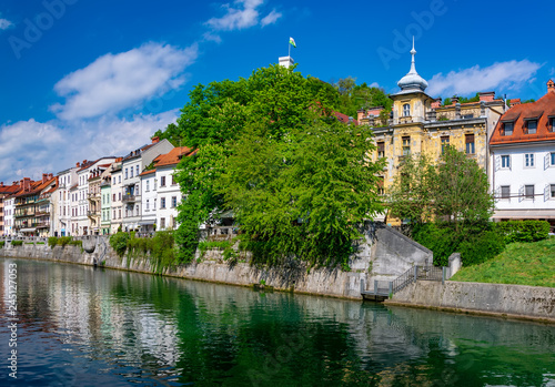 Scenic view of embankment of Ljubljanica river in Ljubljana, Slovenia