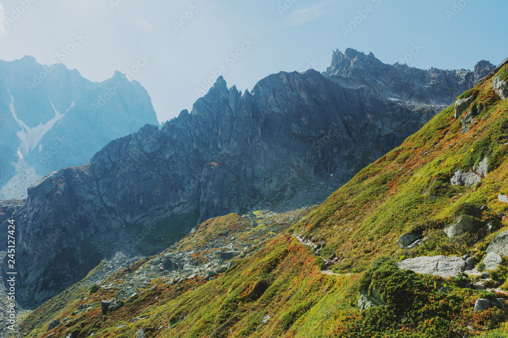 Landscape with Swiss alpine mountains with glaciers and sunset.