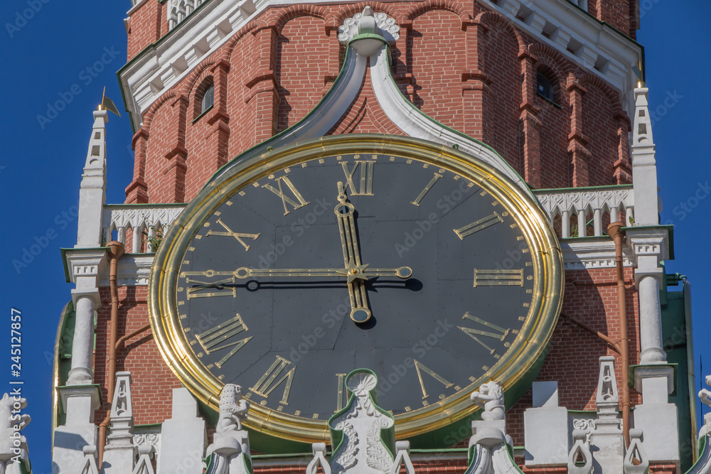 close up of clock on Spasskaya tower of Moscow Kremlin