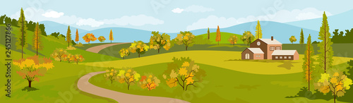 Panorama view of spring village with green meadow and sunflowers on hills with blue sky, Vector Summer or Autumnn landscape, Panoramic countryside landscape mountains and farmhouse with yellowe flower