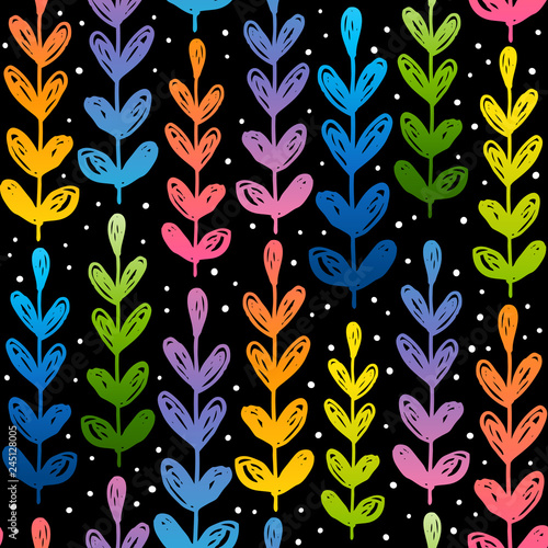 Seamless pattern with rainbow herbal silhouettes on black background