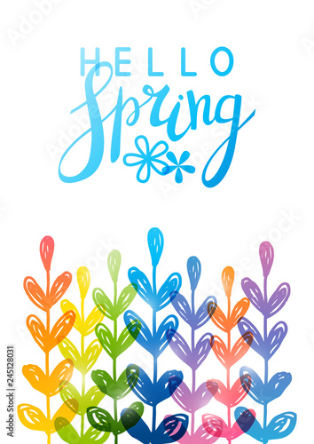 Spring background with rainbow herbal silhouettes