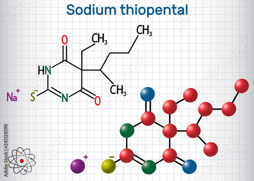 Sodium thiopental drug molecule. It  is a rapid-onset short-acting barbiturate general anesthetic. Structural chemical formula and molecule model. Sheet of paper in a cage. Vector illustration