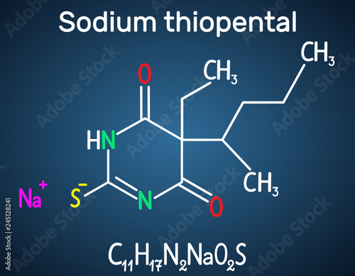 Sodium thiopental drug molecule. It  is a rapid-onset short-acting barbiturate general anesthetic. Structural chemical formula on the dark blue background