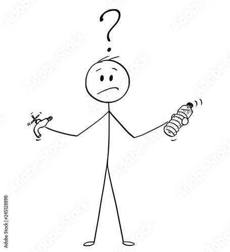 Cartoon stick drawing conceptual illustration of man holding plastic bottle and tap or faucet and deciding between bottled or tap water .