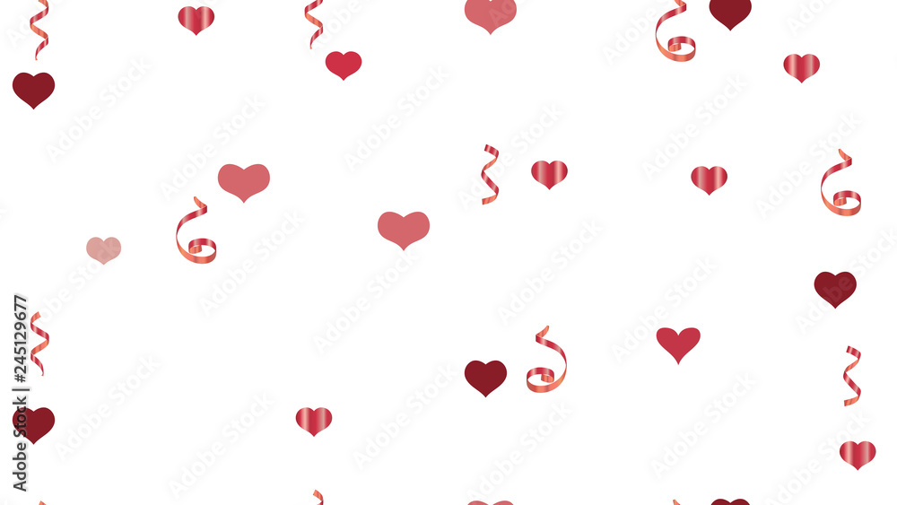 Light Pattern of Hearts and Serpentine. The foundation of packaging, textiles, wallpaper, banner, printing. Vector Seamless Pattern on a White Background. Falling Red confetti.