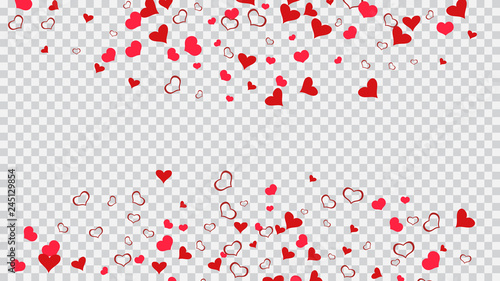 Red hearts of confetti are falling. The idea of wallpaper design, textiles, packaging, printing, holiday invitation for birthday. Romantic background. Red on Transparent fond Vector.