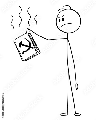 Cartoon stick drawing conceptual illustration of disgusted man holding and rejecting book with hammer and sickle symbol of communism.