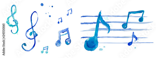 Treble key, treble clef illustration watercolor blue note, range, music photo