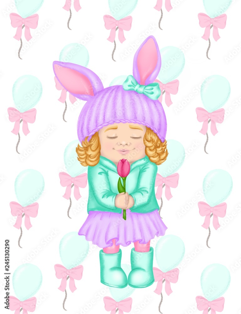 Spring clip art cartoon girl in hat with ears and curly hair like bunny or rabbit For spring greeting card, seasonal promo banner, nursery, fashion print, baby club or children event poster Isolated