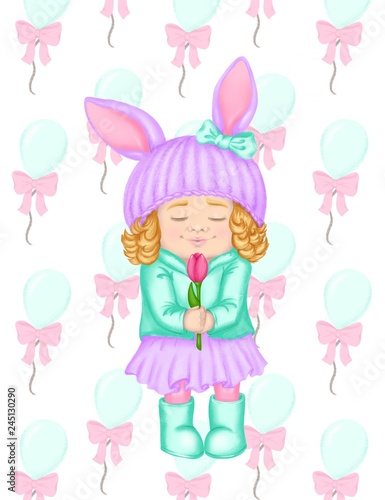 Spring clip art cartoon girl in hat with ears and curly hair like bunny or rabbit For spring greeting card  seasonal promo banner  nursery  fashion print  baby club or children event poster Isolated