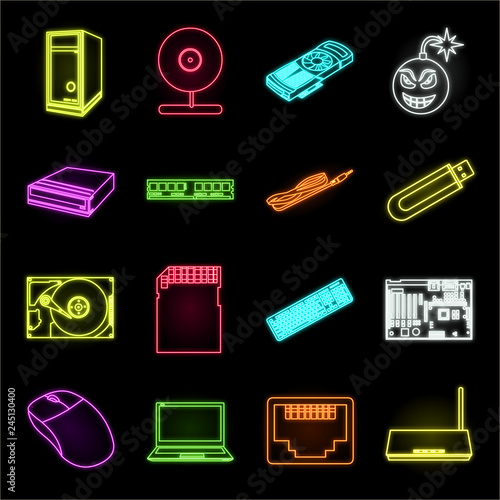 Personal computer neon icons in set collection for design. Equipment and accessories vector symbol stock web illustration.