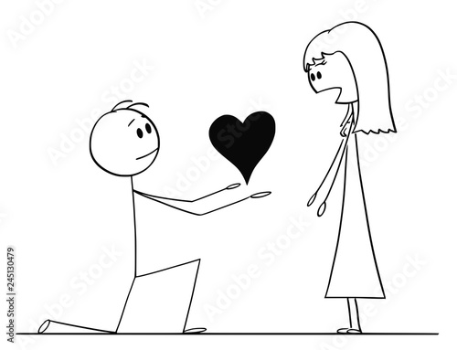 Cartoon stick drawing conceptual illustration of man kneeling and giving big heart to his surprised beloved woman of love.