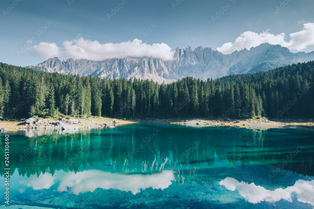 Carezza lake and Latemar mountain, Bolzano province, South Tyrol, Italy