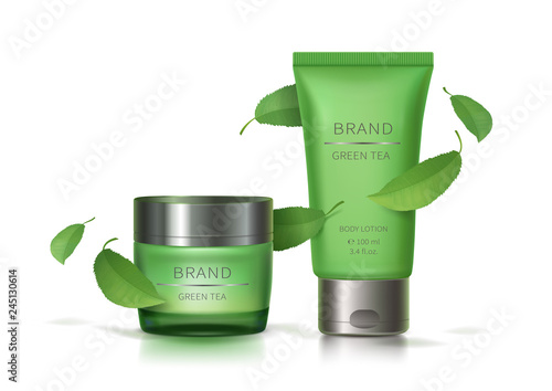 Cosmetic realistic vector set. Green glass jar and plastic tube with silver lid and flying green tea leaves isolated on white background, natural cosmetics concept, organic formula for healthy skin