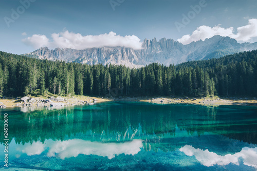 Carezza lake and Latemar mountain, Bolzano province, South Tyrol, Italy