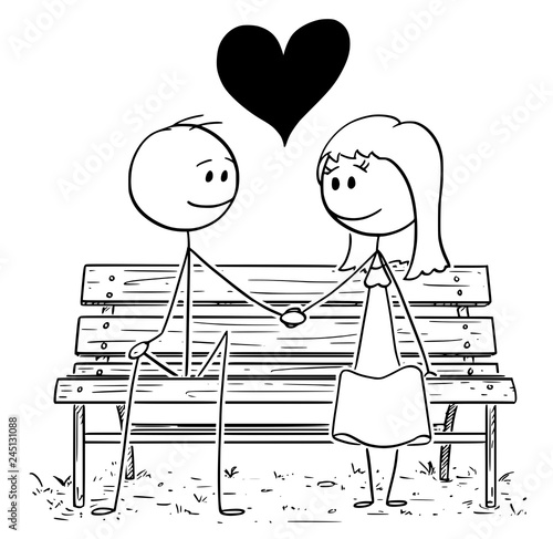 Cartoon stick drawing conceptual illustration of romantic couple sitting on park bench or seat and holding each others hand.Big heart is between them.