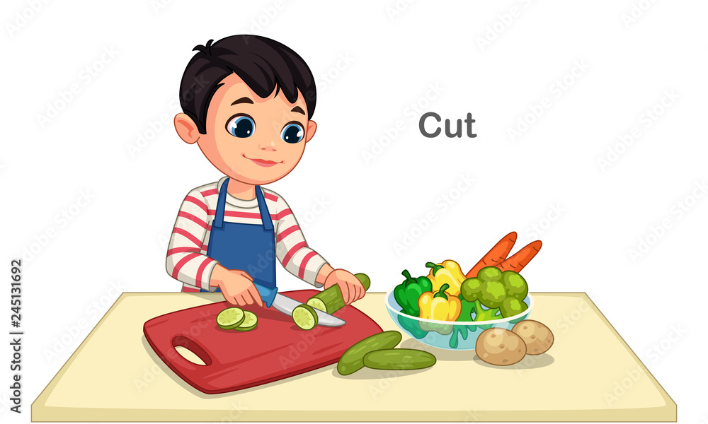 Little boy cutting vegetables vector illustration