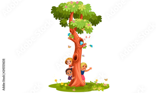 kids behind the tree vector illustration