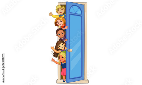 Kids peeking of the door waving vector illustration