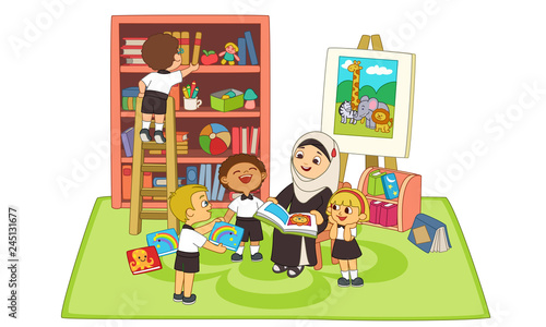 Kids listening story by teacher in classroom