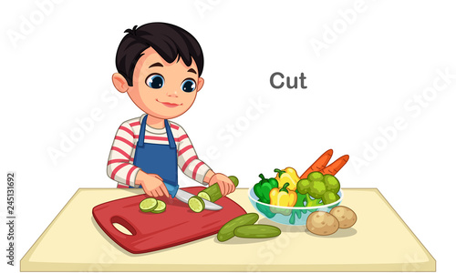 Little boy cutting vegetables vector illustration