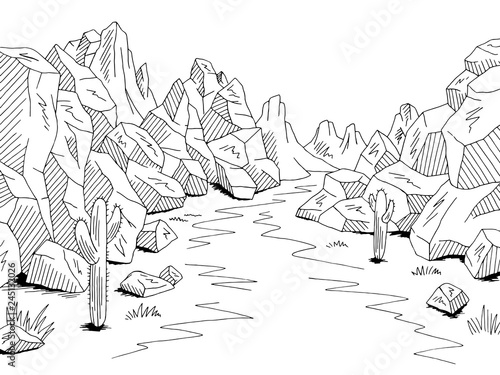 Canyon prairie road graphic black white desert landscape sketch illustration vector