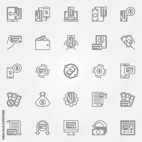 Cashback outline icons set. Vector cashback, money, credit card, transaction and discount concept symbols in thin line style