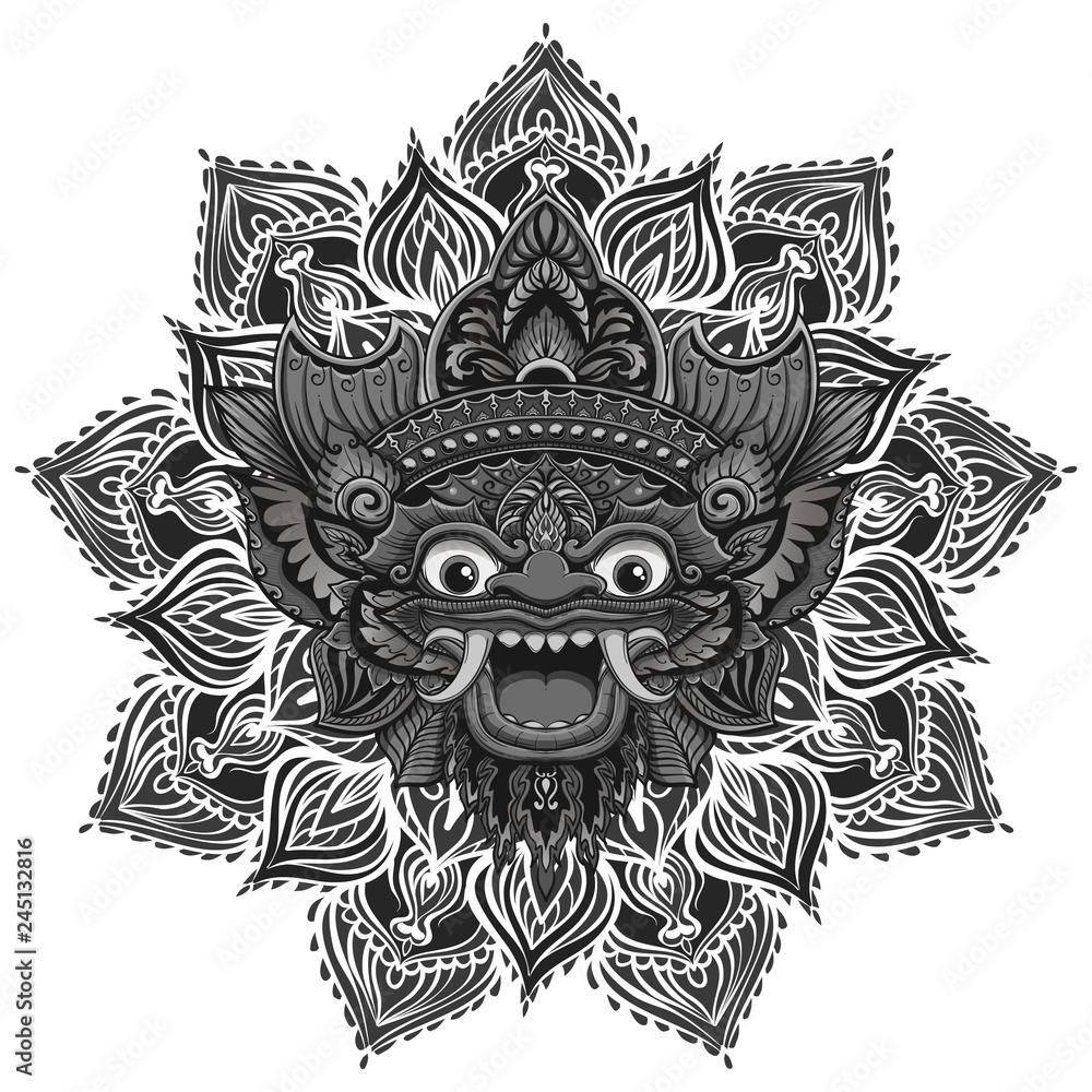 Fototapeta premium Traditional ritual Balinese mask. Vector outline illustration for coloring book isolated.