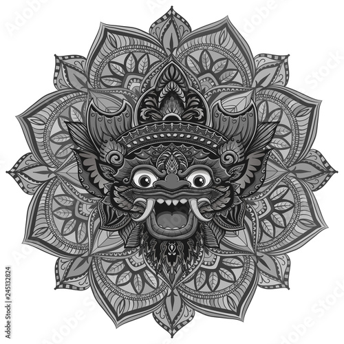Traditional ritual Balinese mask. Vector outline illustration for coloring book isolated.