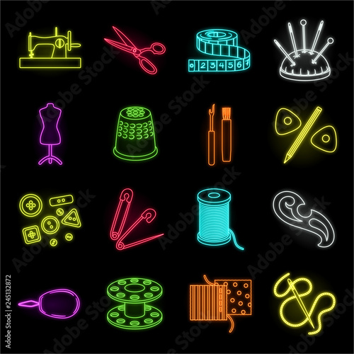 Sewing, atelier neon icons in set collection for design. Tool kit vector symbol stock web illustration. photo