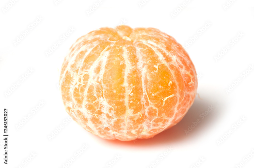 closeup of peeled tangerine on white background closeup of peeled tangerine on white background