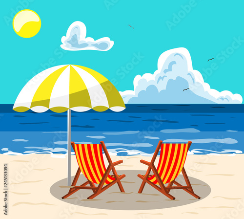 Sunbeds for relaxing on a sunny beach under an umbrella. Illustration in flat style.