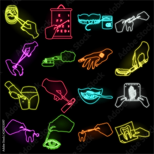 Manipulation by hands neon icons in set collection for design. Hand movement in medicine vector symbol stock web illustration.
